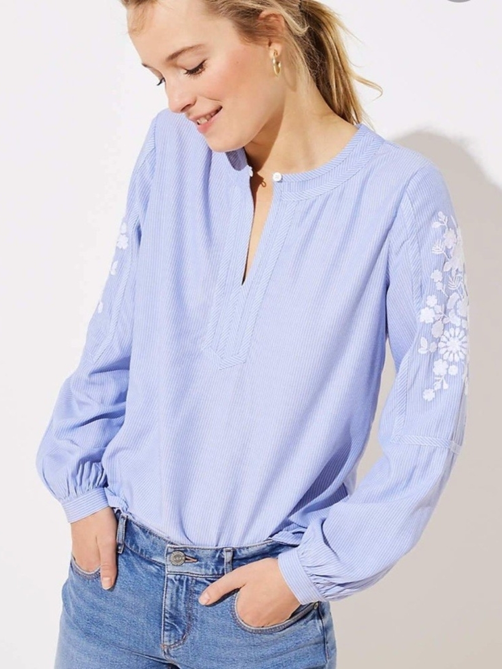 LOFT Blue Striped Split-Neck Tunic with White Floral Sleeve Embroidery